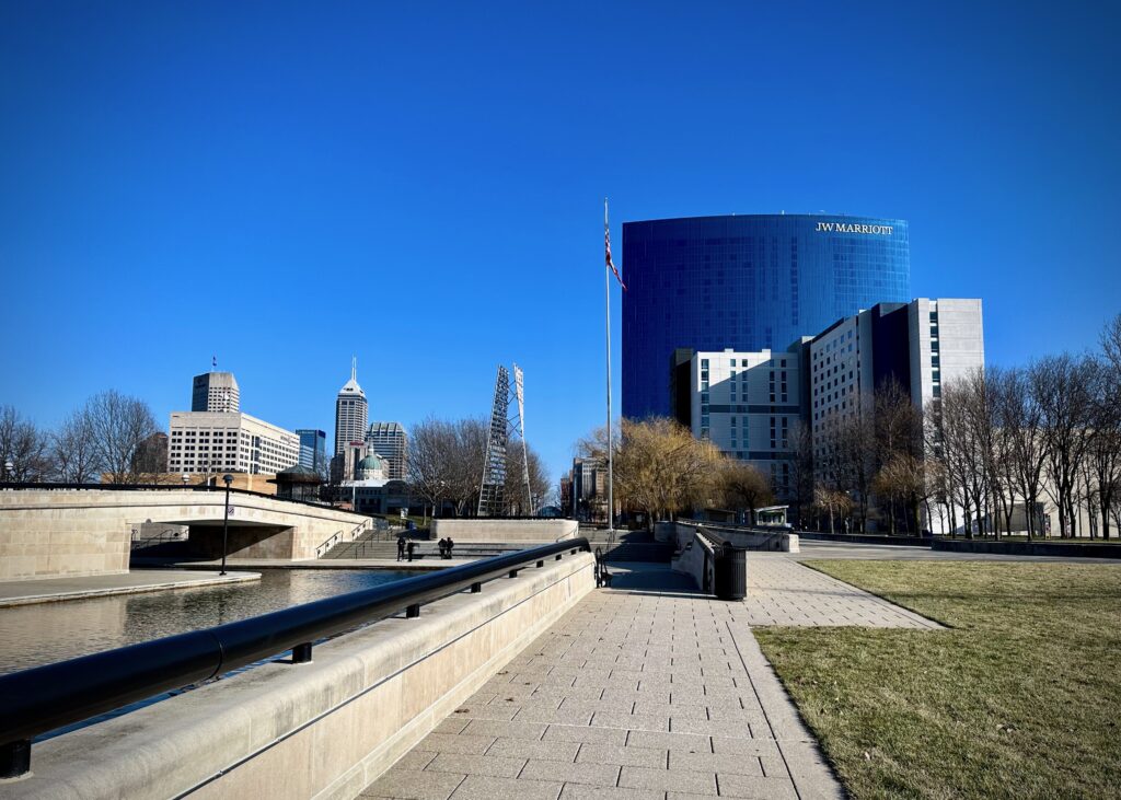 Central canal on the left with a high-rise JW Marriott hotel in the background. You can see a bit of the skyline of downtown Indianapolis, as well.