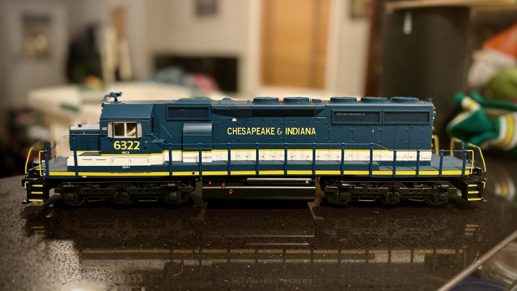 Side view of of O scale model of Chesapeake & Indiana EMD SD40-2 locomotive.