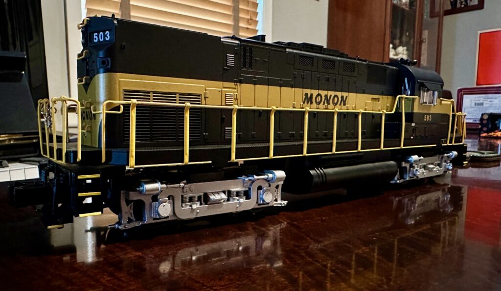 Rear view of of O scale model of Monon ALCO Century 420 locomotive.