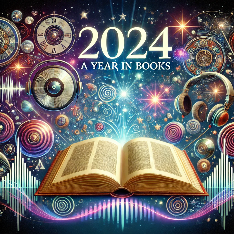 The image shows an open book with glowing, radiant text emerging from its pages, symbolizing imagination and storytelling. Surrounding the book are vibrant elements like a pair of headphones and soft soundwaves, representing audiobooks. In the background, there is a dynamic mix of stars, abstract swirls, and faint futuristic symbols, evoking themes of exploration, science fiction, and creativity. The colors are rich and luminous, blending blues, purples, and golds to create an inviting and energetic atmosphere. It captures the joy and wonder of reading across different mediums and genres.